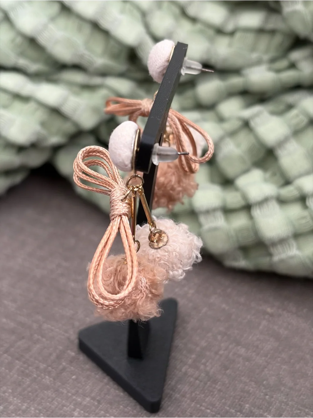 Pink Bow Double Pom-Pom Statement Dangle Earrings